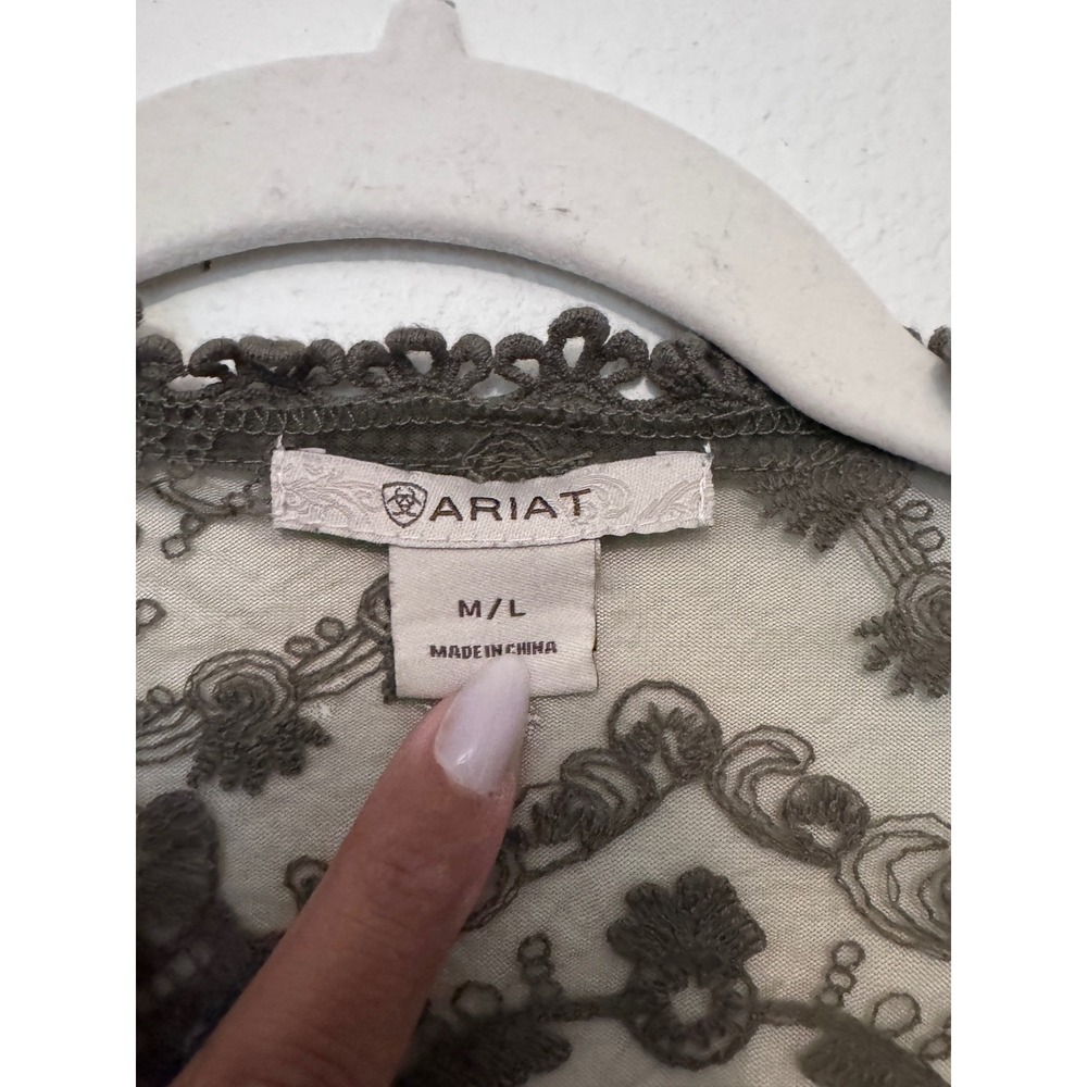Ariat Olive Green Floral Lace Duster Cardigan Open Front Boho Kimono ML cc - Picture 3 of 4